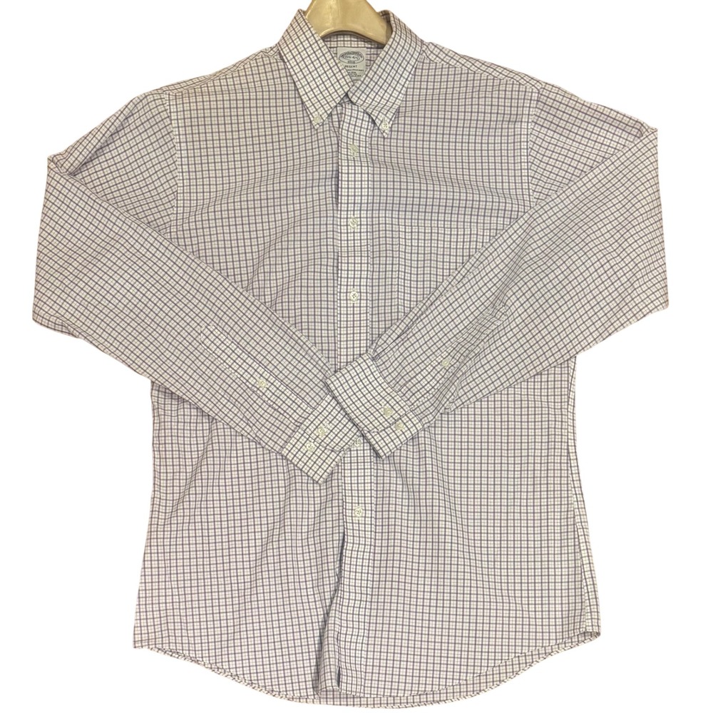 Brooks Brothers Regent Non-Iron Tattersall Dress Shirt Purple White Mens 15.5